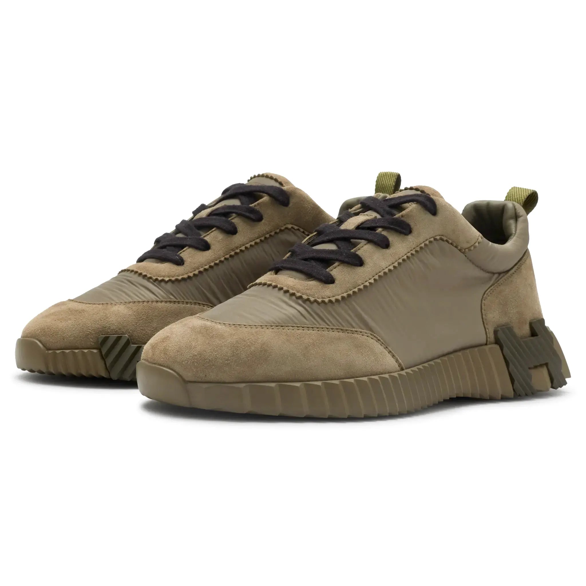Front Side View of Hermes Paris Bouncing Nylon Suede Sneaker Vert Tundra